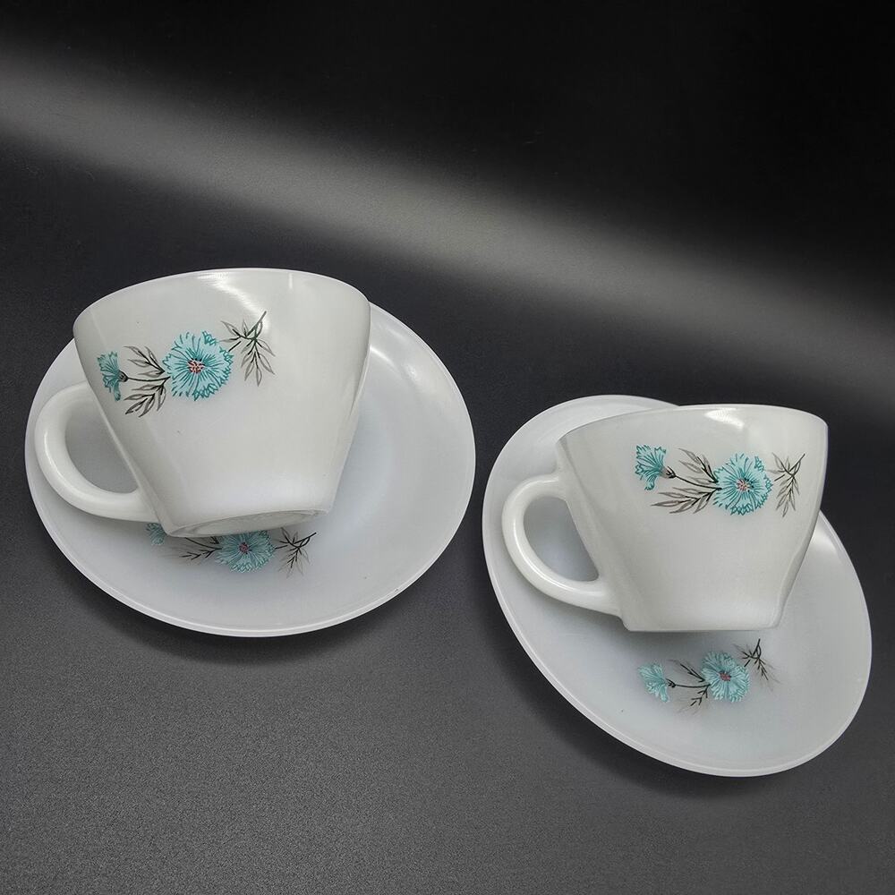Fire King Bonnie Blue Cup Saucer Set of Two Blue Flowers Vintage MCM